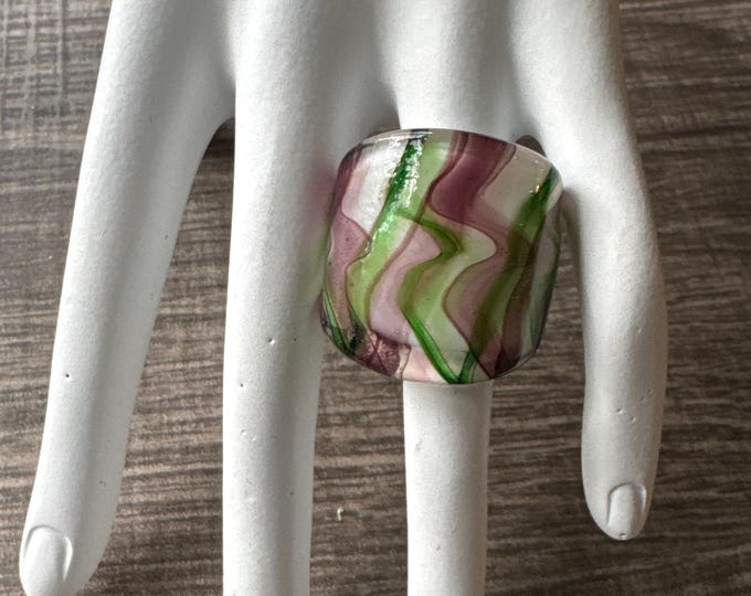 Green/White/Purple Striped Ring | Murano Glass Ring | Striped Lampwork Ring - Size 7 3/4
