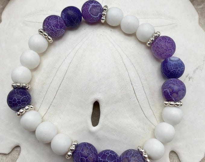 Purple Crackle Agate Bracelet – White Matte Bead Stretch Bracelet with Silver Spacers, Purple Jewelry