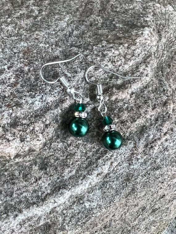 Green Pearl & Rhinestone Earrings