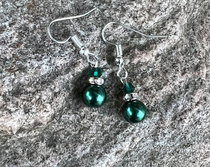 Green Pearl & Rhinestone Earrings
