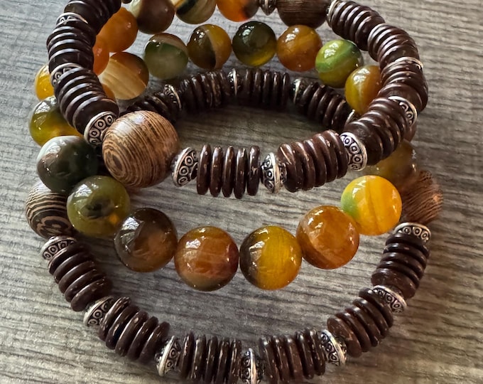 Peafowl & Wooden Bead Memory Wire Bracelet | Wooden Bead Wrap Bracelet | Beaded Bracelet | Peafowl Bead Bracelet