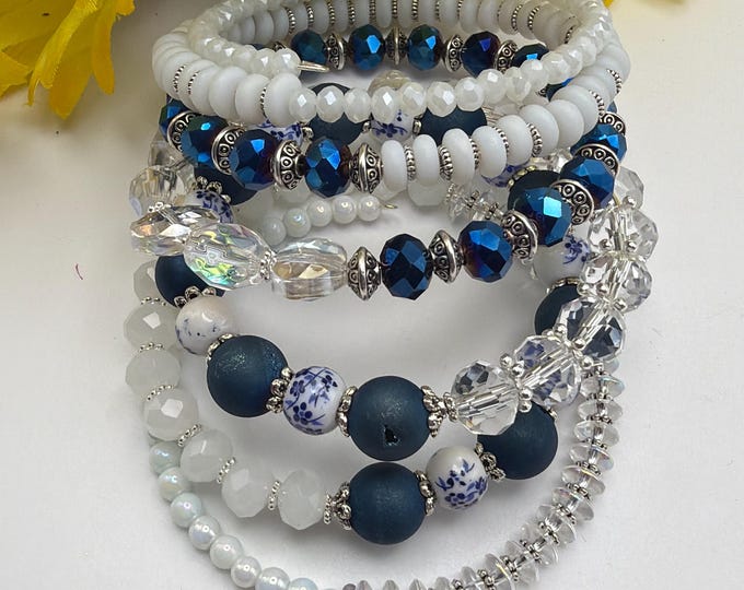 Blue/White Multi Strand Memory Wire Bracelet