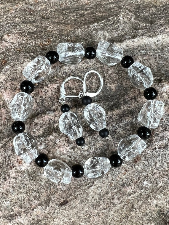 Clear Skull Bead Stretch Bracelet & Matching Earrings