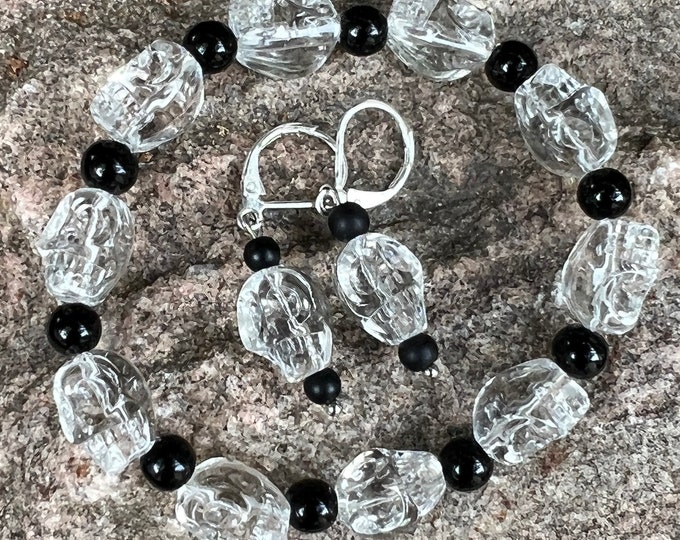 Clear Skull Bead Stretch Bracelet & Matching Earrings