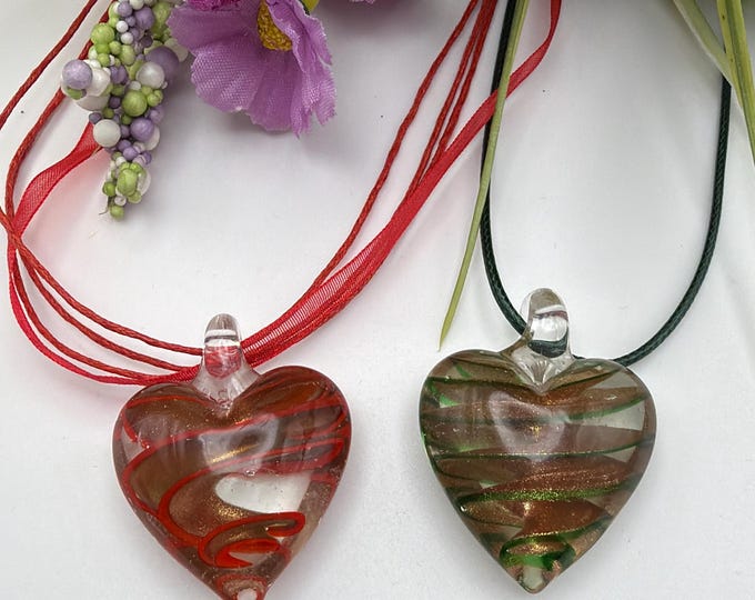 Swirl Heart Pendant Necklace | Lampwork Glass Swirl Heart Pendant Necklace