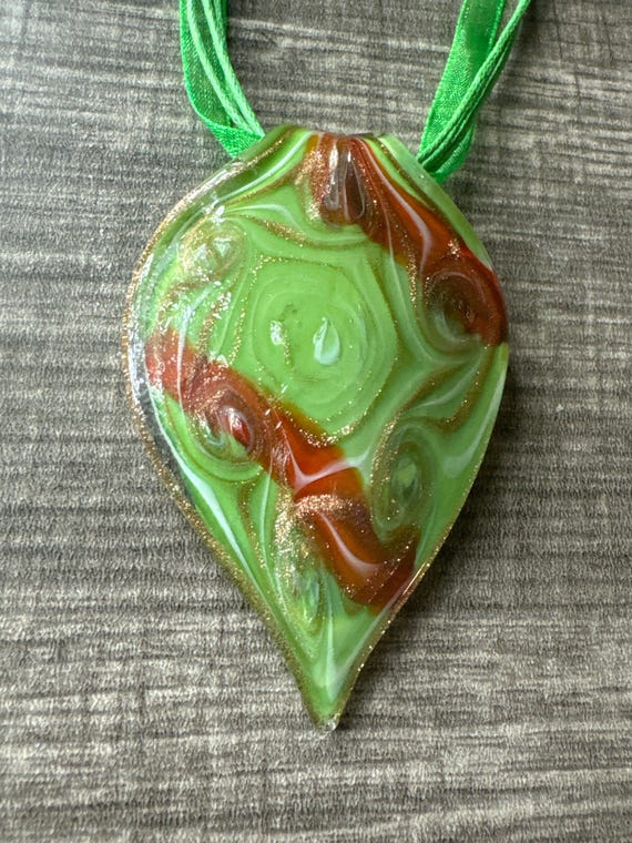 Green/Red/Gold Leaf Pendant | Murano Glass Leaf | Leaf Pendant Necklace