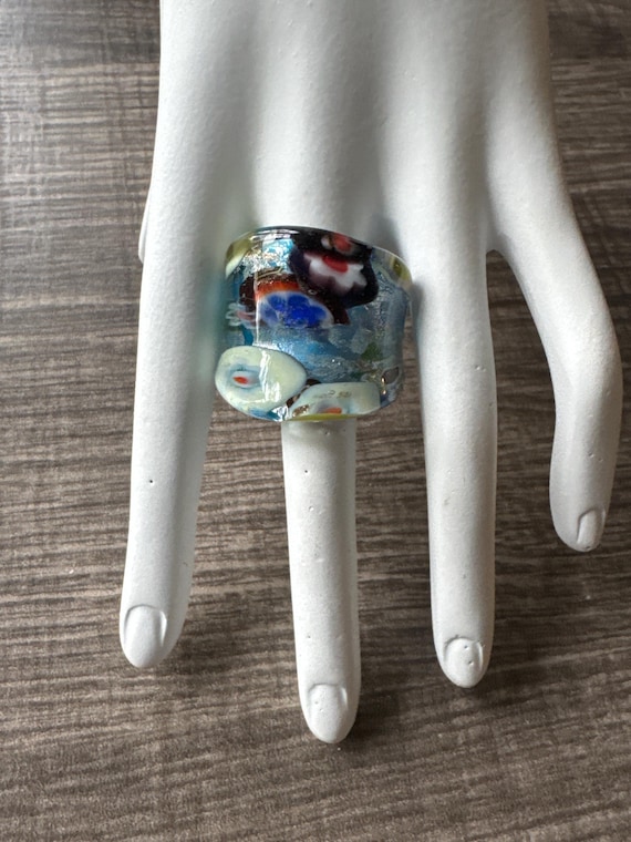 Blue Thick Band Millefiori Flower Statement Glass Ring - Size 8