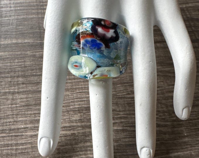 Blue Thick Band Millefiori Flower Statement Glass Ring - Size 8