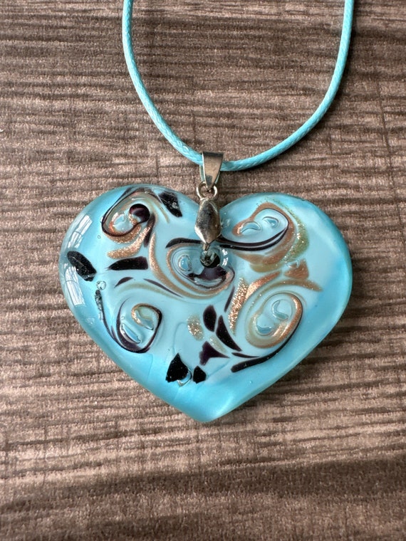 Blue Heart Pendant | Lampwork Flat Glass Heart | Heart Pendant Necklace