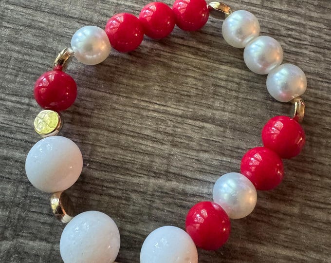 Red Coral & Pearl Stretch Bracelet | Beaded Bracelet | Morse code - Love | Message in a Bracelet | Quote Bracelet