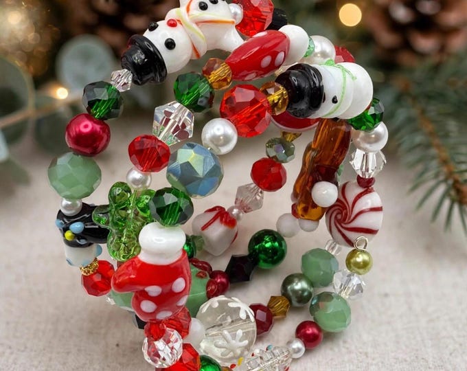 Lampwork Glass Christmas Memory Wire Bracelet | Holiday Bead Wrap Bracelet