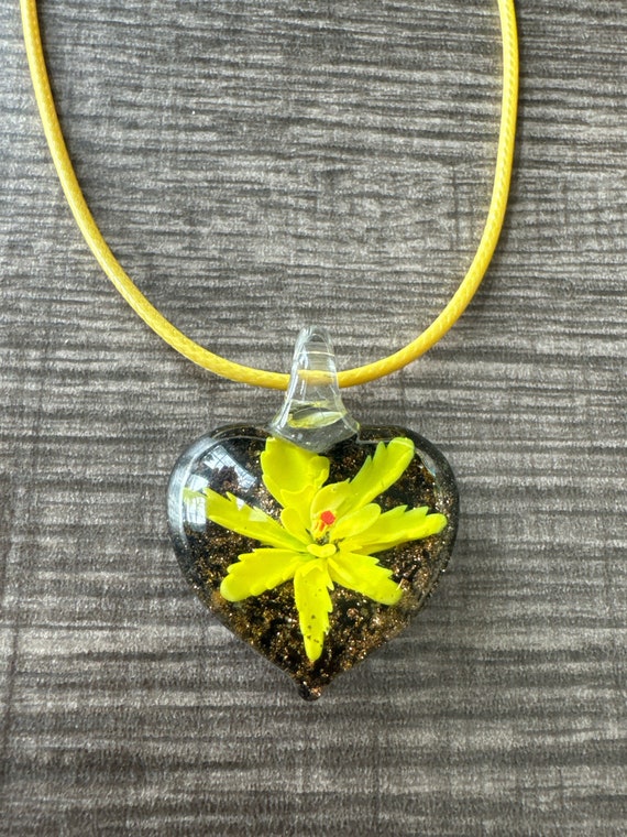 Yellow Flower Pendant | Murano Glass Heart | Flower Pendant Necklace