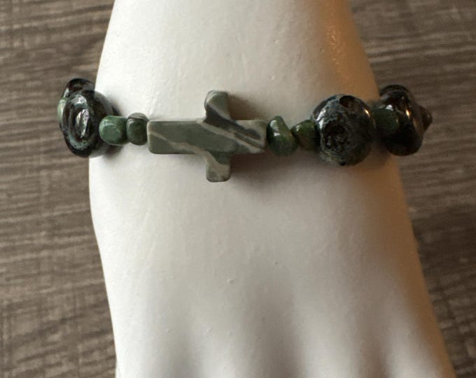Gemstone Cross Bracelet | Green Moss agate rounds | Gemstone Beaded Bracelet