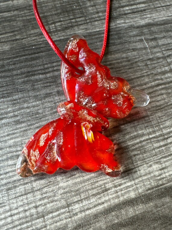 Red Millefiori Glass Butterfly Pendant Necklace