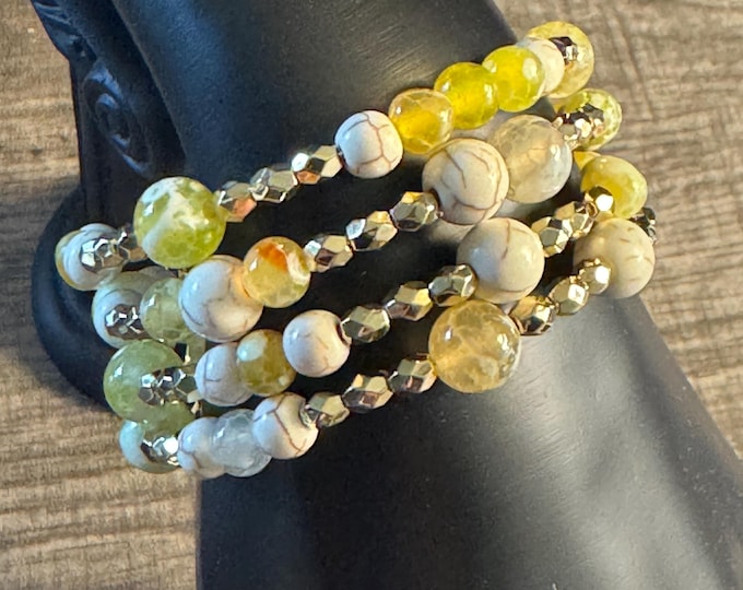White Howlite Jade Bead Memory Wire Bracelet | Memory Wire Bracelet