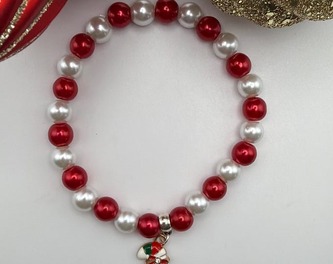 Candy Cane Charm Bracelet | Pearl Bead Bracelet | Christmas Bracelet
