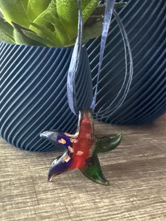 Dark Blue/Red/Green LampWork Glass Starfish Pendant Necklace