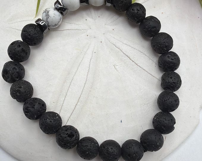 White Howlite & Lava Bead Stretch Bracelet | Beaded Bracelet | Lava Bead Bracelet