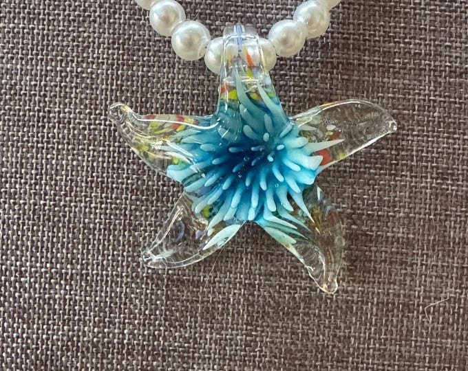 Blue Flower Pearl Starfish Pendant | Pearl Starfish Pendant | Murano Glass Starfish | Starfish Pendant Necklace | 18” Starfish Necklace