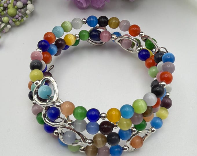 Cats Eye Memory Wire Bracelet | Multi-Color Colorful Bead Bracelet