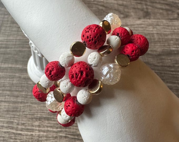 Red and White Lava Bead Memory Wire Bracelet | Lava Bead Bracelet | Memory Wire Bracelet