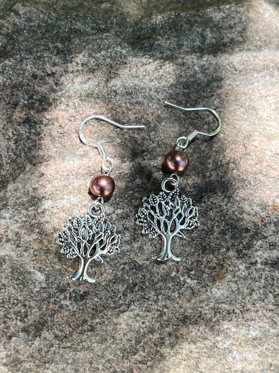 Tree of Life Earrings | Brown Pearl & Tree of Life Earrings