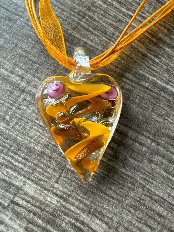 Orange/Gold Heart Pendant | Murano Glass Heart | Swirl Heart Pendant Necklace