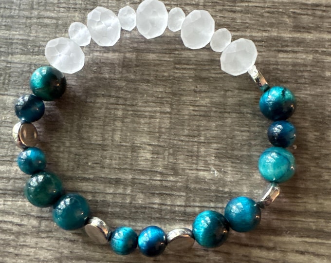 Blue Tiger eye Stretch bracelet | Beaded bracelet | Morse Code  - Admire | Message in a Bracelet  | Quote Bracelet