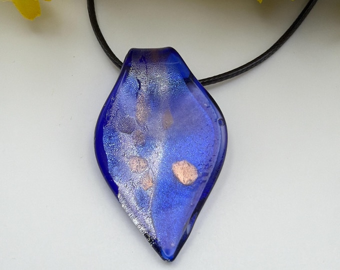 Blue Glass Leaf Pendant | Leaf Pendant Necklace | Lampwork Glass Pendant Necklace