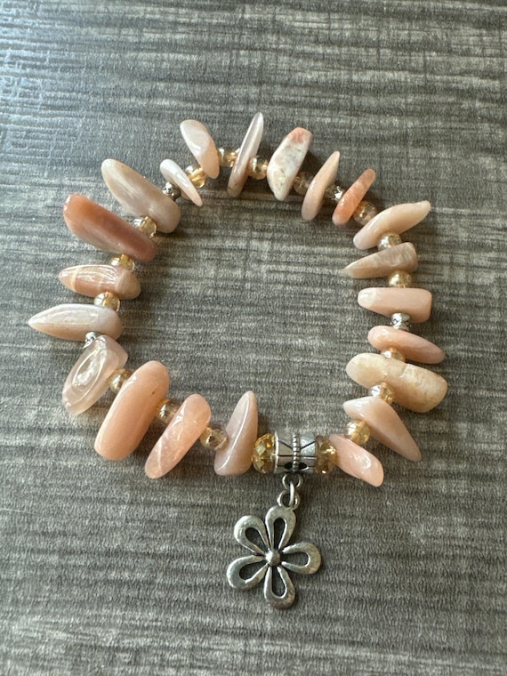 Moonstone & Amber Bead Bracelet with a Flower Charm