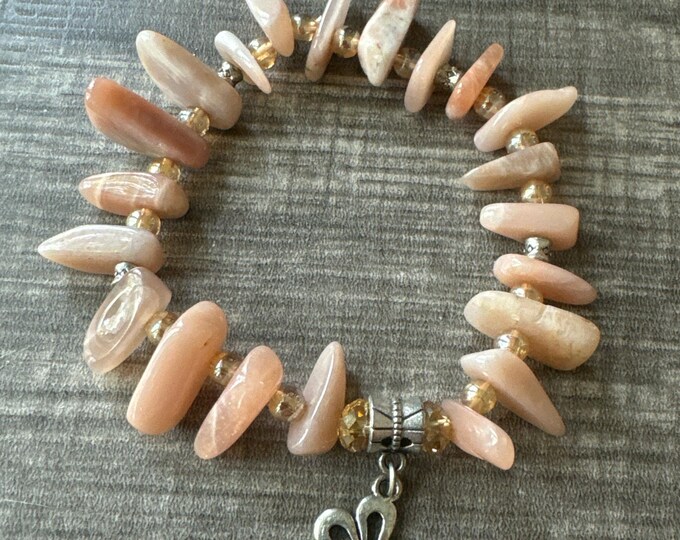 Moonstone & Amber Bead Bracelet with a Flower Charm