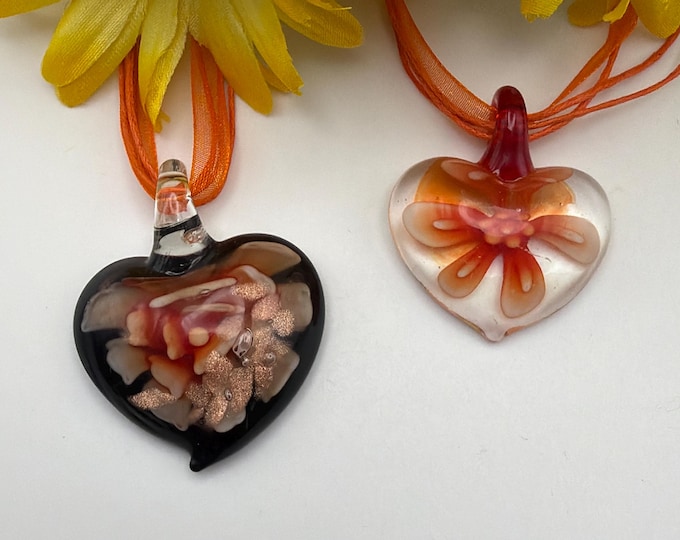 Orange Flower Pendant | Glass Heart Pendant Necklace | Lampwork Glass Orange Flower Pendant Necklace