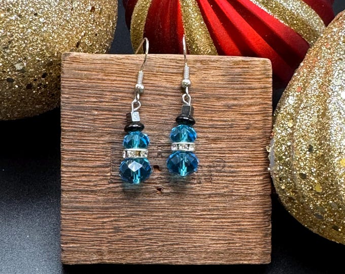 Blue Crystal Snowman Earrings | Snowman w/rhinestone Earrings | Christmas Earrings | Stocking Stuffers