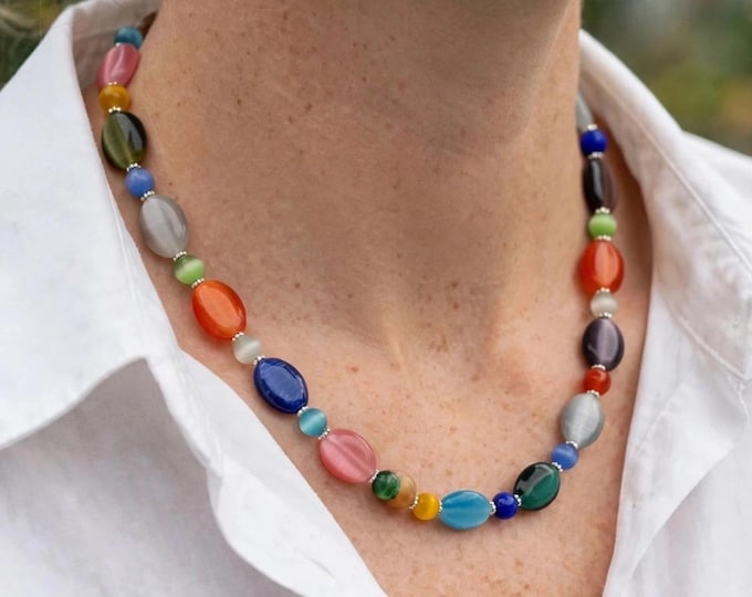 19" Cat's Eye Bead Necklace – Multicolor Oval Beads, Rainbow Statement Necklace, Boho Jewelry