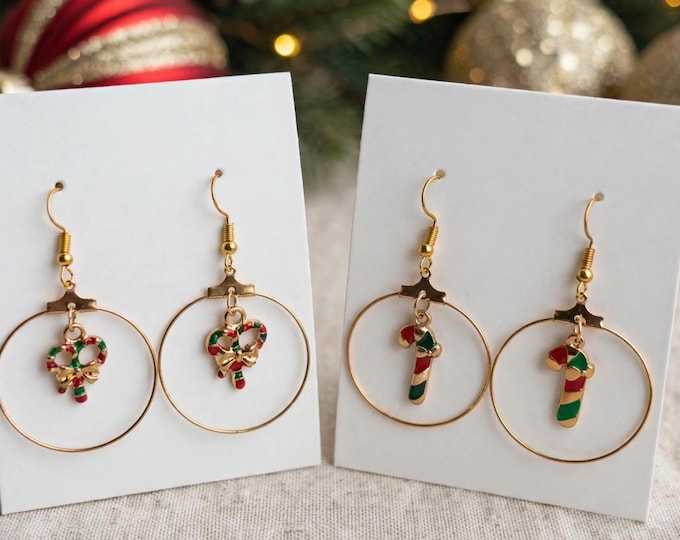 Christmas Hoop Earrings – Candy Cane Earrings, Holiday Dangle Jewelry, Xmas Gift