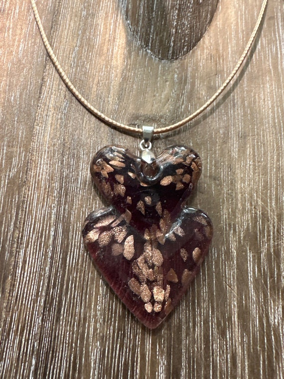 Purple/Gold Double Heart Pendant | Lampwork Glass Heart Pendant Necklace