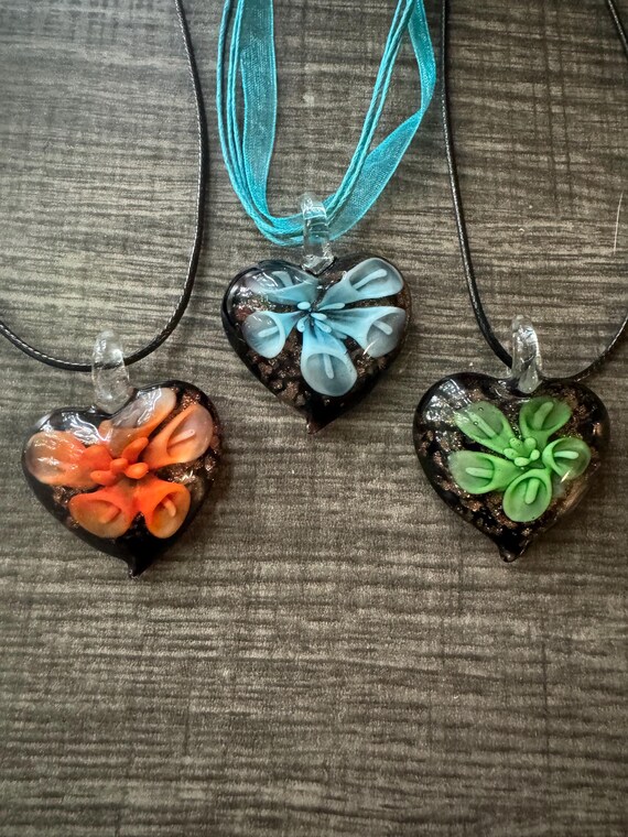 Flower Pendant Necklace | 3D Glass Heart Pendant | Murano Glass Heart | Heart Pendant Necklace