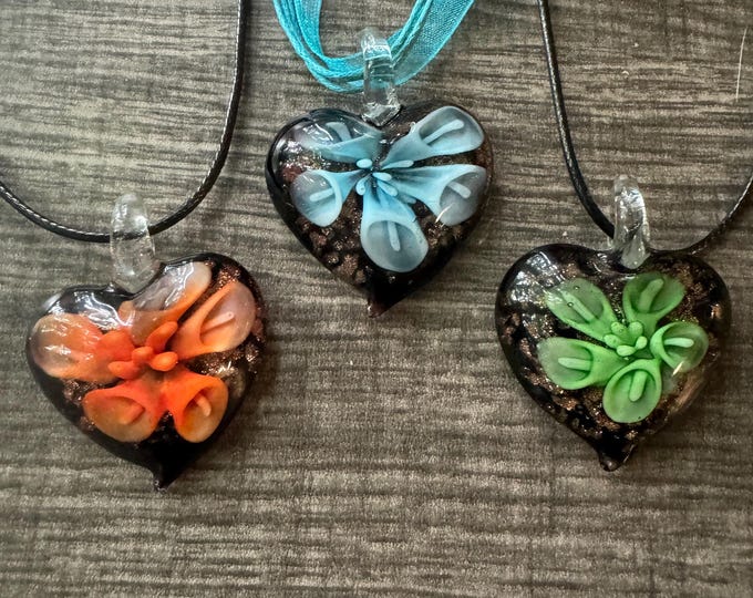Flower Pendant Necklace | 3D Glass Heart Pendant | Murano Glass Heart | Heart Pendant Necklace