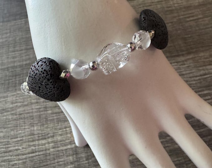 Clear Skull Bracelet | Lava Heart Beads | Stretch Bracelet