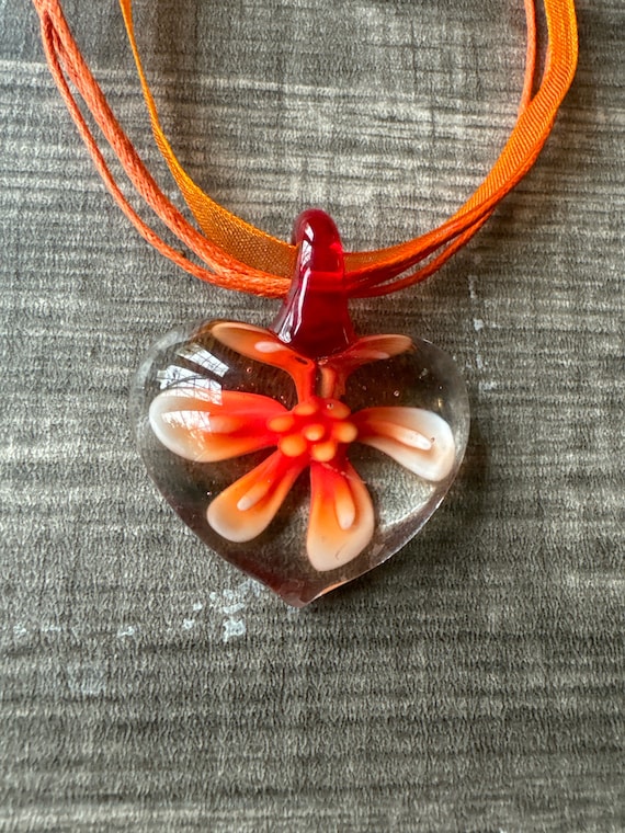 Orange Flower Heart Pendant | Lampwork Heart | Heart Pendant Necklace