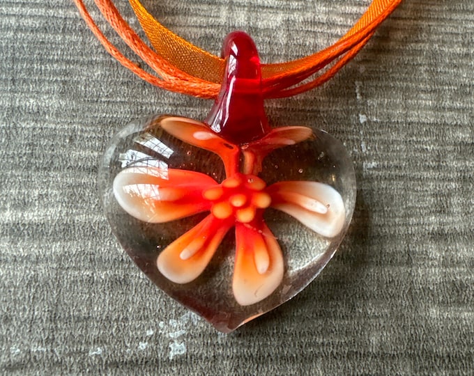 Orange Flower Heart Pendant | Lampwork Heart | Heart Pendant Necklace