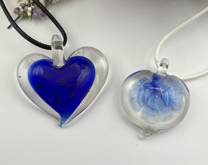 Blue Heart Lampwork Pendant Necklace | Blue Flower Pendant Necklace | Lampwork Glass Pendant Necklace