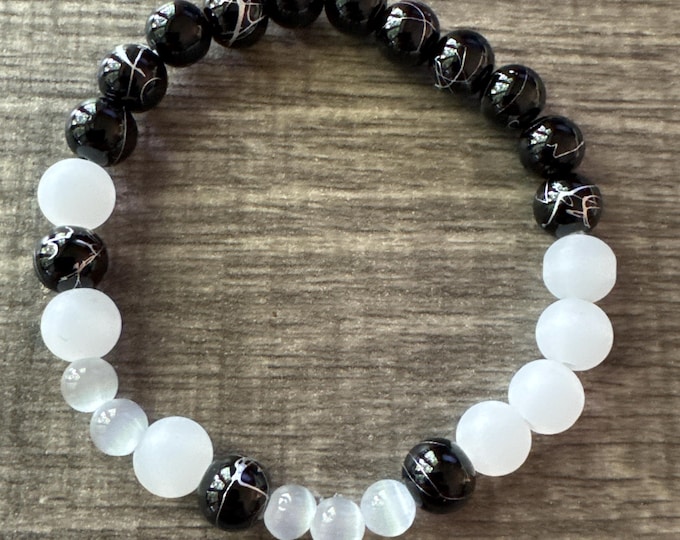 Moonstone and Cats Eye Stretch Bracelet | Gemstone Beaded Bracelet | Morse code - Hope | Message in a Bracelet | Quote Bracelet