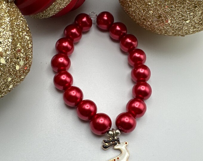 Reindeer Charm Bracelet | Red Pearl Bracelet | Christmas Bracelet