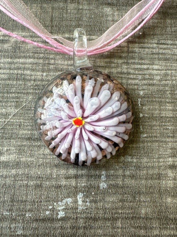 Pink Flower Murano Glass Pendant Necklace