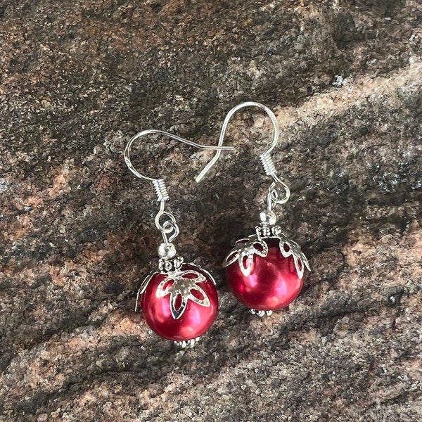Red Pearl Christmas Ball Earrings