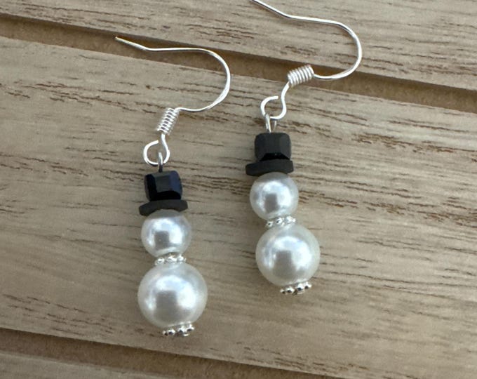 White Pearl Snowman Earrings | Pearl Earrings | Snowman Earrings