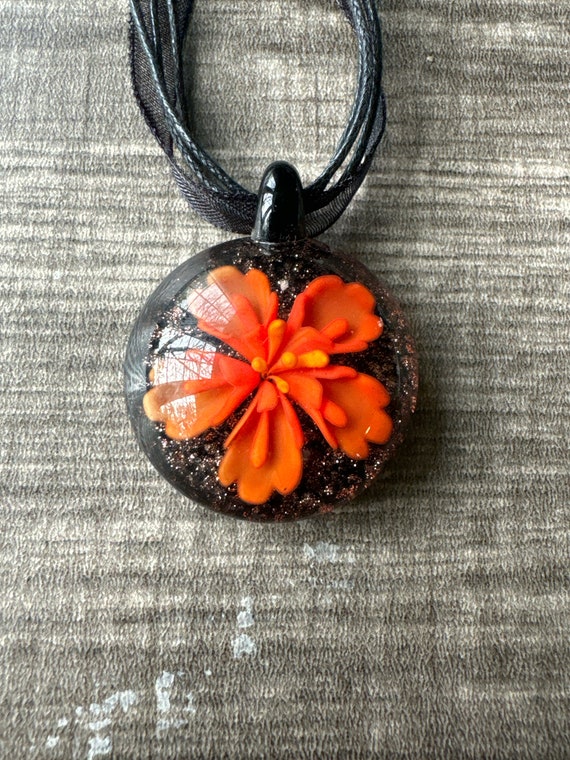 Orange Flower Murano Glass Heart Pendant Necklace