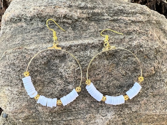 White Heishi Bead Hoop Earrings | Heishi Hoop Earrings