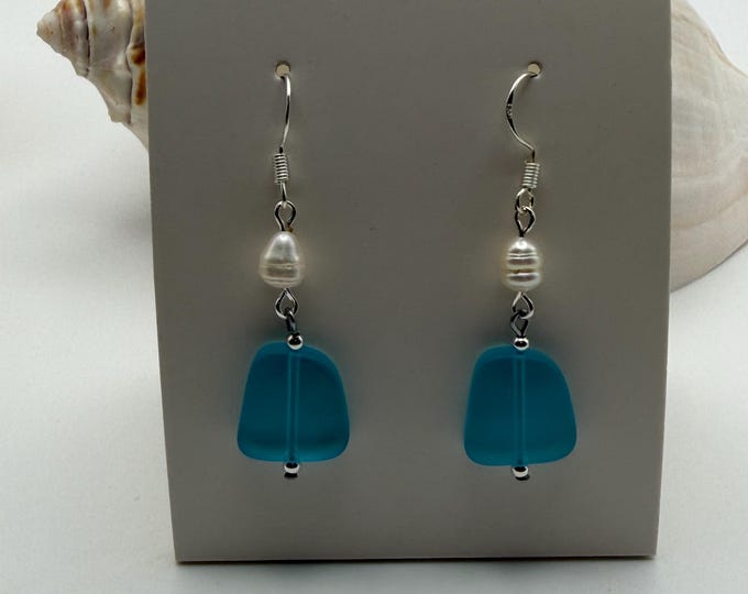 Turquoise Blue Sea Glass Earrings | Freshwater Pearl Earrings | Sea Glass Earrings